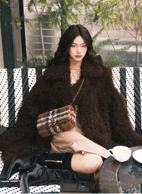 皮毛一体黑色羊羔毛外套女2025新款韩系毛茸茸环保皮草大衣冬季厚