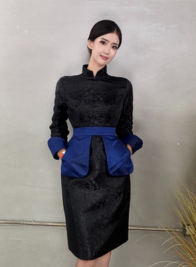 【阿泯娜】立领连衣裙 提花旗袍式收腰修身长袖通勤中长裙B23118