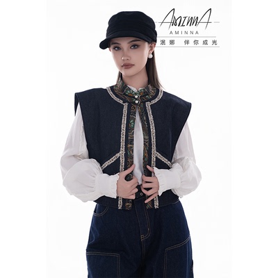 【阿泯娜】牛仔拼接马甲女 复古花纹设计感叠穿马甲37532DW11