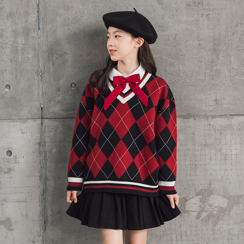 学院风三件套秋冬复古格纹
