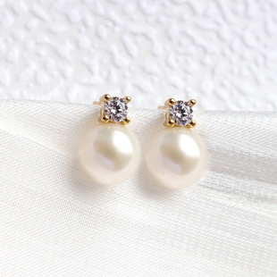 8mm经典 Zhuella珠艾乐 淡水珍珠S925银镀金锆石耳钉 王妃款
