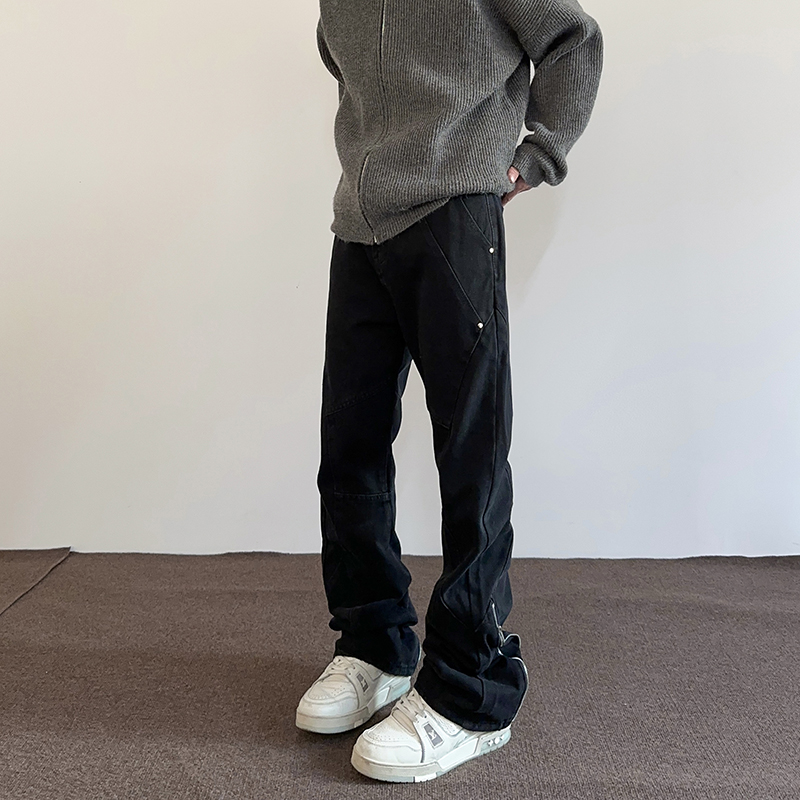 LOPEZ LAKE美式高街拉链开叉做旧黑色牛仔裤男女直筒微喇显瘦裤子