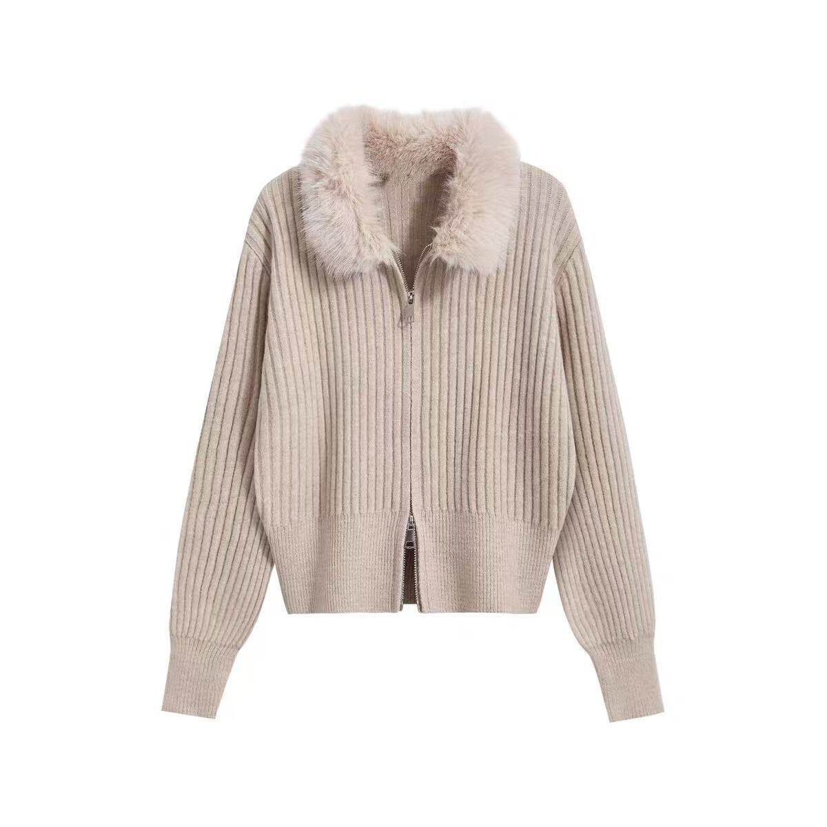 【蜜蜂欢乐社】二茵ERYIN秋冬新款毛领拉链长袖短款针织开衫