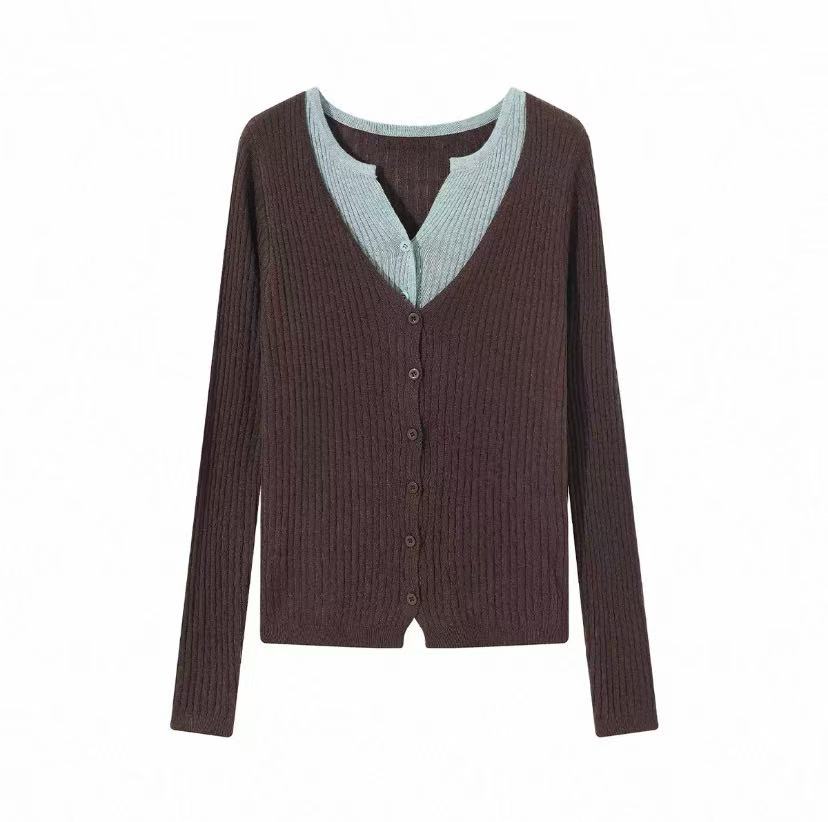 【草莓粉丝专享】修身显瘦上衣小众洋气高级假两件撞色针织衫