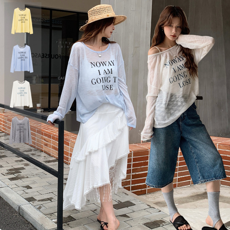 二茵ERYIN夏季新款英文印花宽松休闲针织长袖罩衫印花T恤上衣女