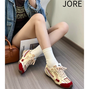 德训鞋女2025新款牛皮拼色方头系带平底网面透气运动休闲鞋阿甘鞋