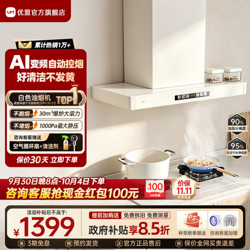 优盟顶吸油烟机燃气灶套装白色