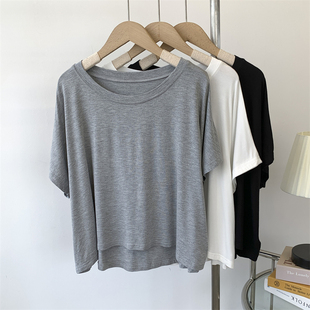 莫代尔圆领简约短袖T恤罩衫女软软糯糯垂感宽松纯色上衣打底衫女