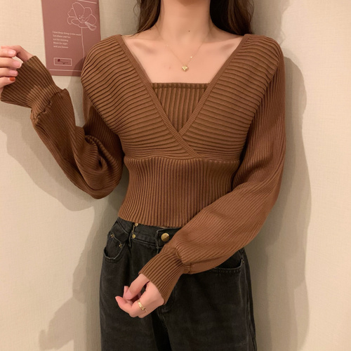 Real shot real price Korean soft wind fake two piece suspender collar bone open shoulder long sleeve sweater sweater women's top