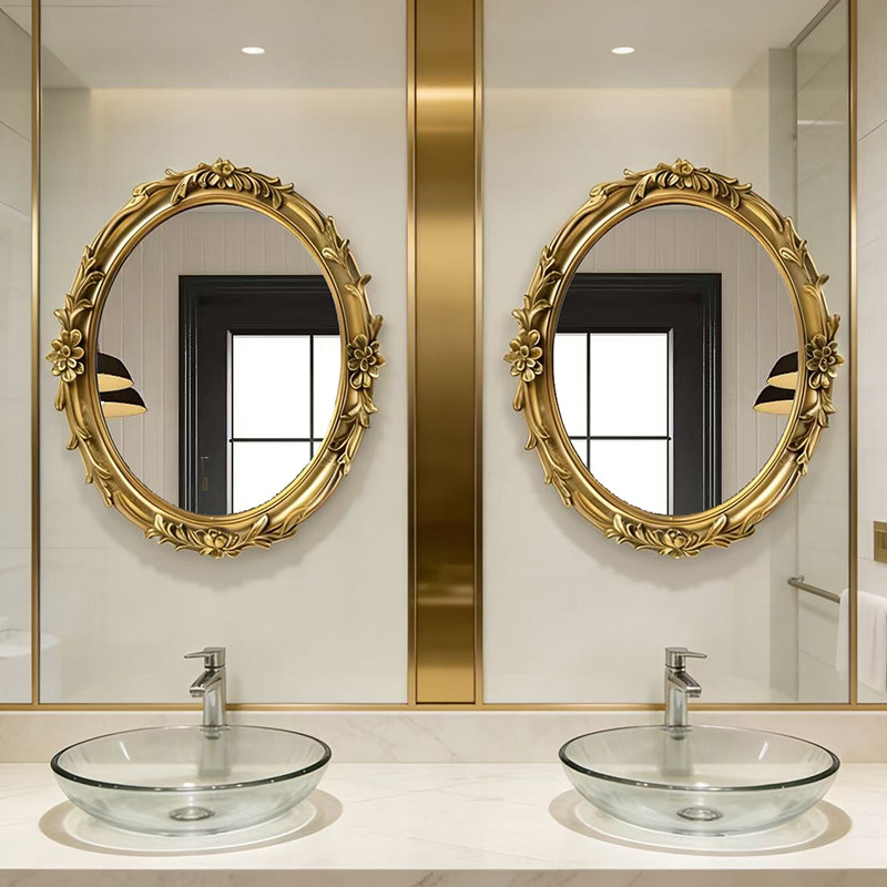 欧式复古椭圆化妆镜高级艺术雕花装饰镜法式双台盆led智能浴室镜