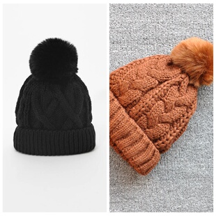 儿童毛线帽子中大男女童亲子装冬季全棉内里翻边套头帽毛球针织帽