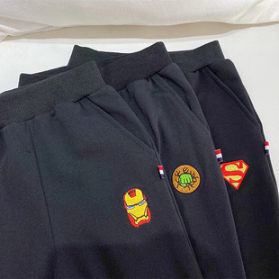春秋男童卫裤刺绣蜘蛛侠不加绒毛圈纯棉运动裤儿童休闲束脚长裤子