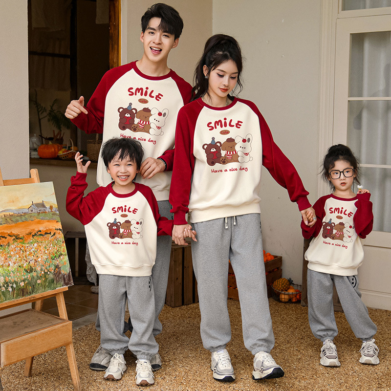 全家福亲子装圆领秋冬装气质一家三四口撞色情侣母子母女加绒卫衣