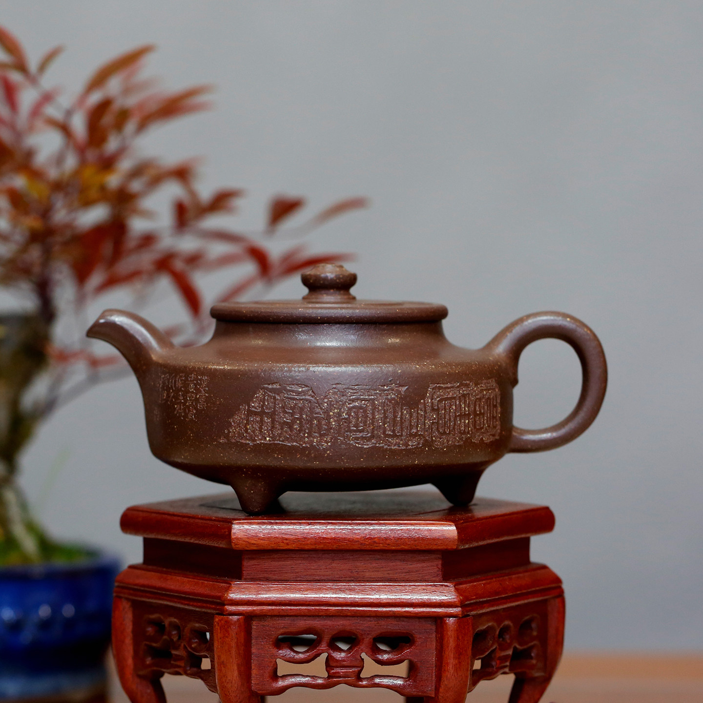 三足周盘原矿老紫泥名家张义全手工制宜兴功夫茶具泡茶壶内推球孔