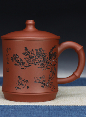 花鸟竹节杯原矿清水泥民间艺人顾建宏手制送礼自用350cc430cc包邮