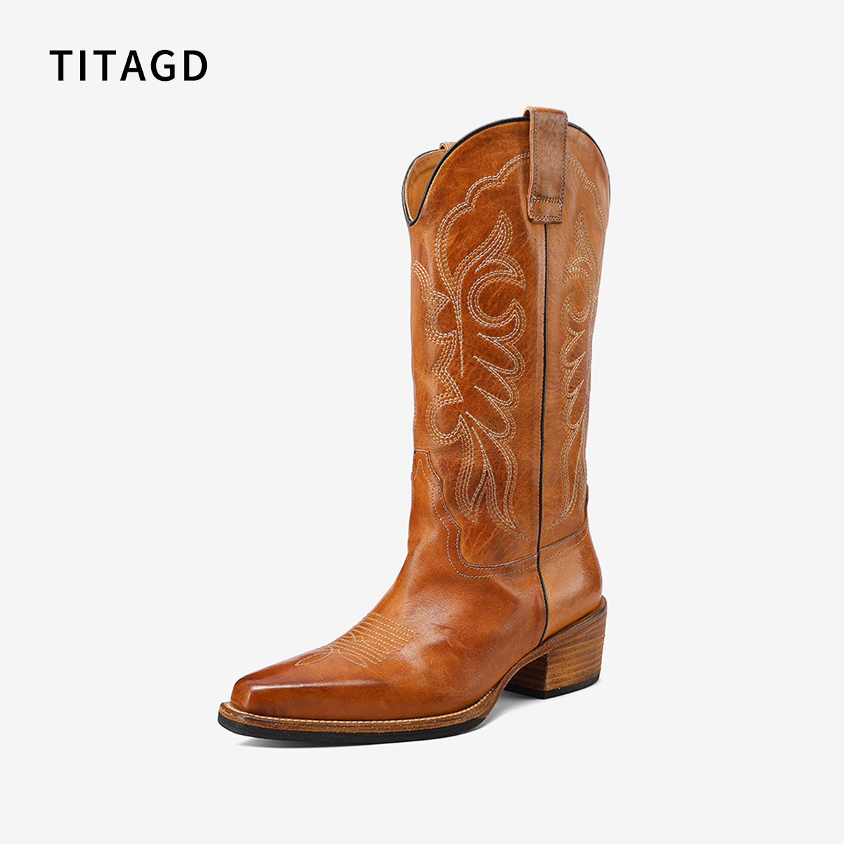 TITAGD重工刺绣复古西部牛仔靴女马皮靴子秋冬新款尖头高筒长靴
