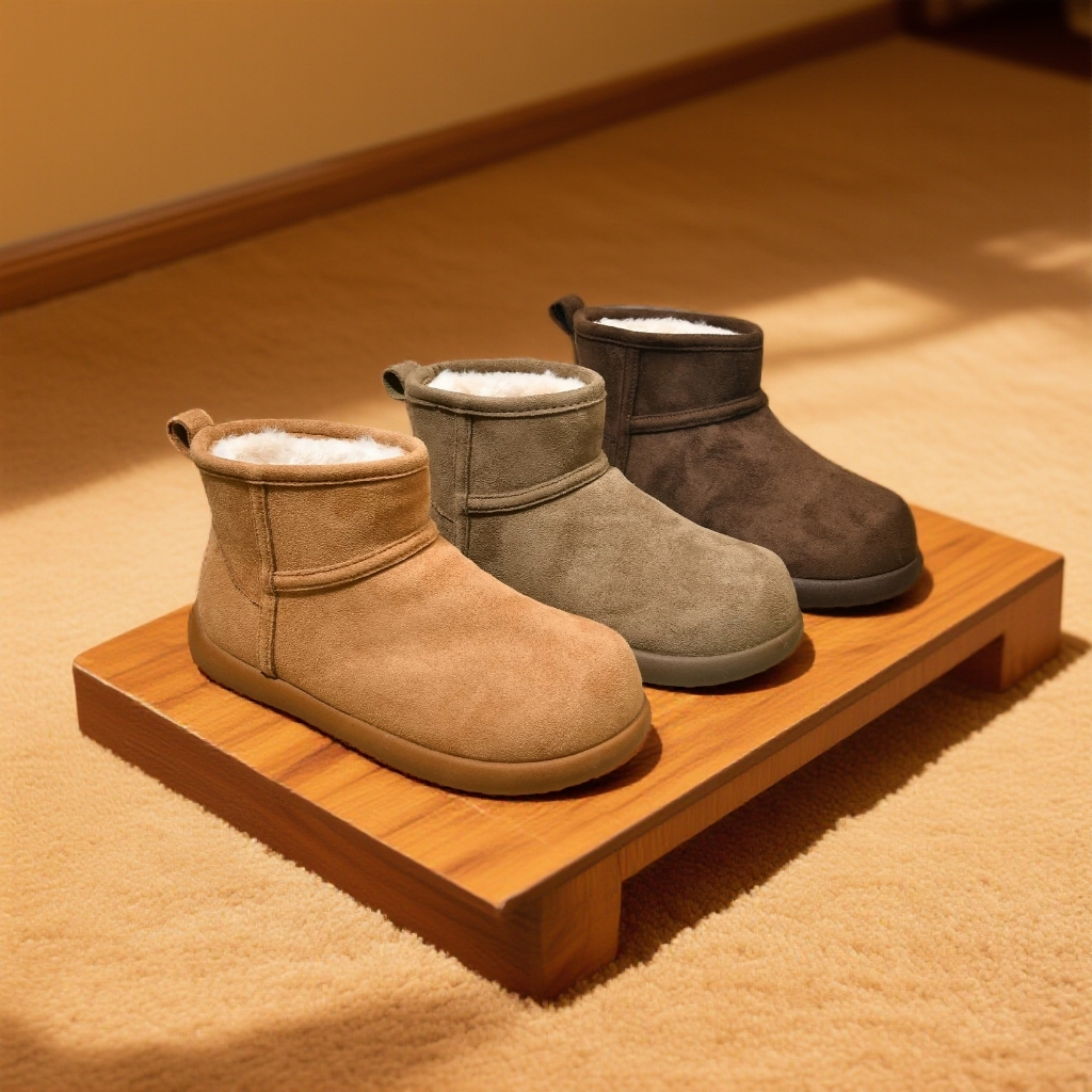 牛皮厚底羊羔毛中帮圆头加绒雪地靴简约保暖秋冬一脚蹬平底懒人鞋