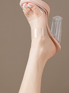 羊皮2025水晶透明粗跟TPU一字带高跟拖鞋防水台凉鞋女鞋中跟33-40