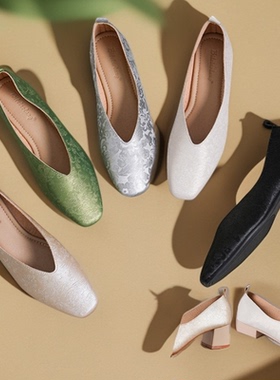 2.5/3.5/5厘米羊皮新中式国风古韵方头印花低跟浅口软底单鞋女款