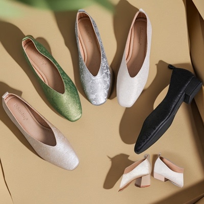 2.5/3.5/5厘米羊皮新中式国风古韵方头印花低跟浅口软底单鞋女款