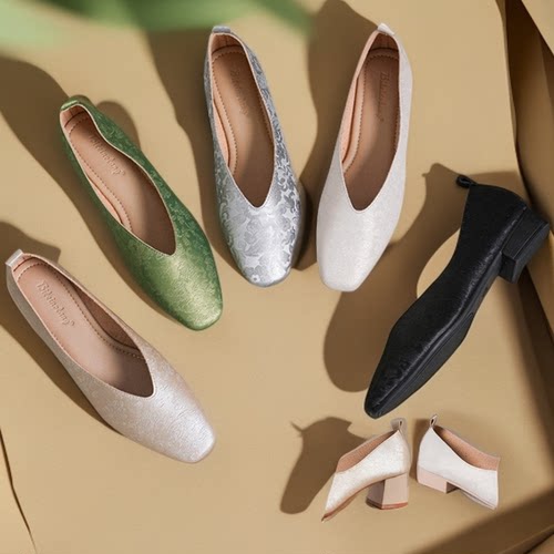 2.5/3.5/5厘米羊皮新中式国风古韵方头印花低跟浅口软底单鞋女款