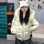 ARESO原创可爱卡通印花连帽毛领棉衣女冬季 加厚拉链开衫 棉服外套