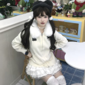 ARESO原创美式 女秋冬宽松休闲毛衣外套 小狗刺绣毛领连帽针织开衫