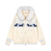 毛衣女秋冬加厚提花针织衫 ARESO原创美式 费尔岛小狗毛领开衫 外套