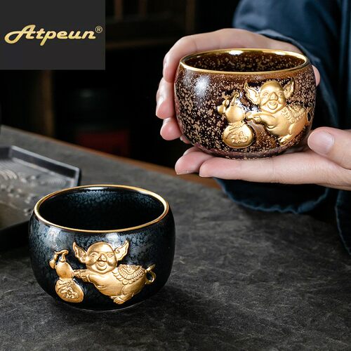 ATPEUN陈为椿大师星空天目鎏金茶杯浮雕福猪建盏陶瓷主人杯大个人