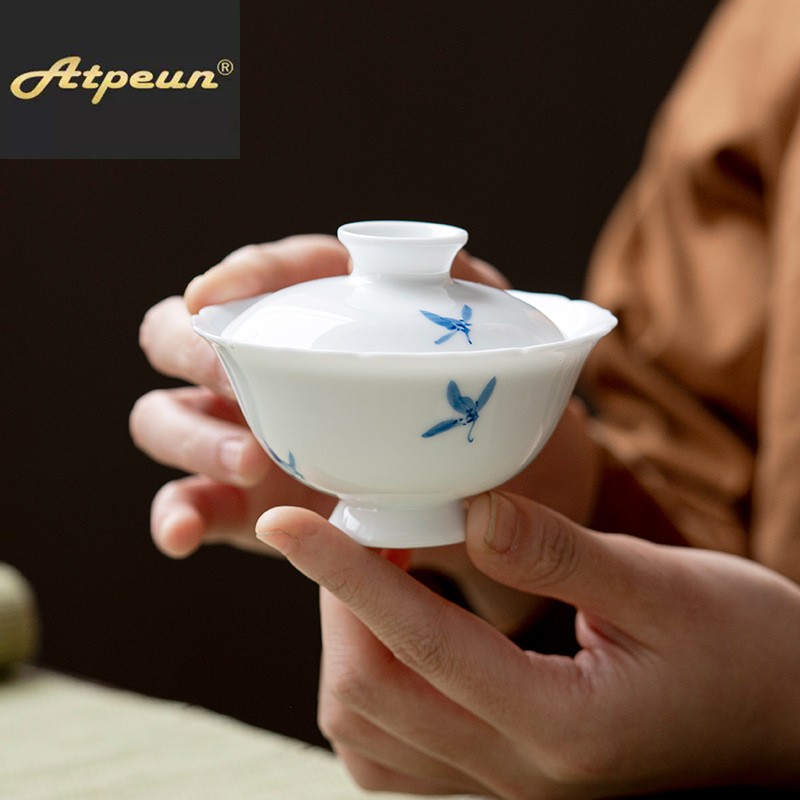ATPEUN玉泥白瓷手绘兰花陶瓷花口两才盖碗釉下彩家用功夫茶具小号