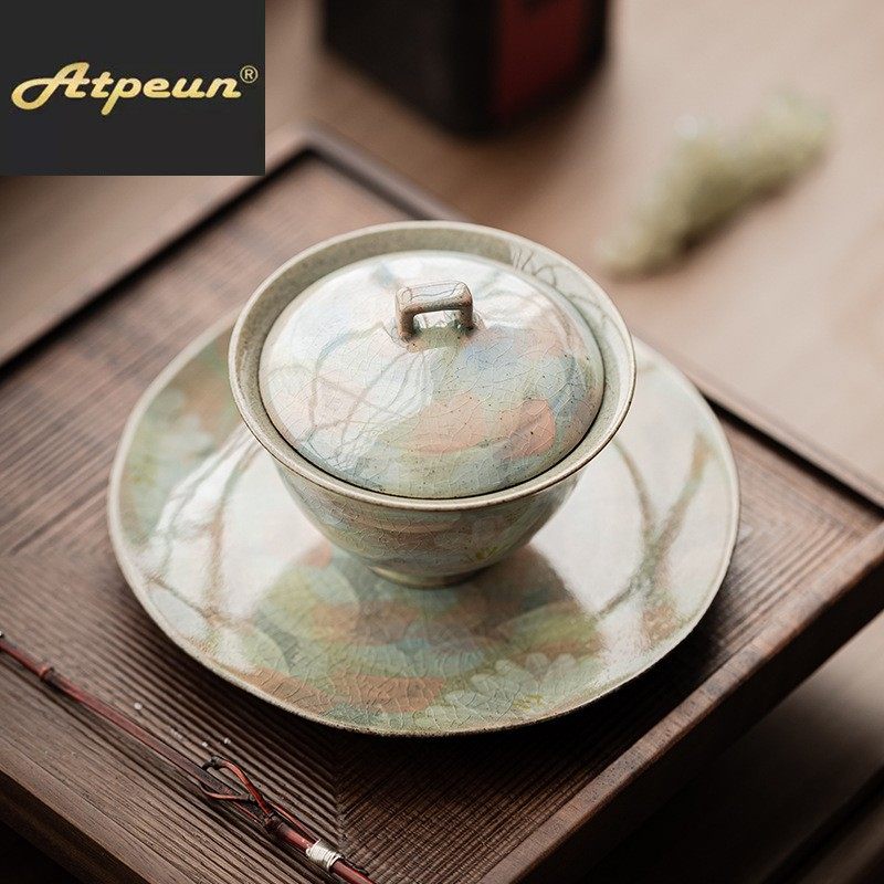 ATPEUN冰片釉手绘雏菊如意盖碗创意油画风陶瓷敬茶碗带盖茶杯礼品