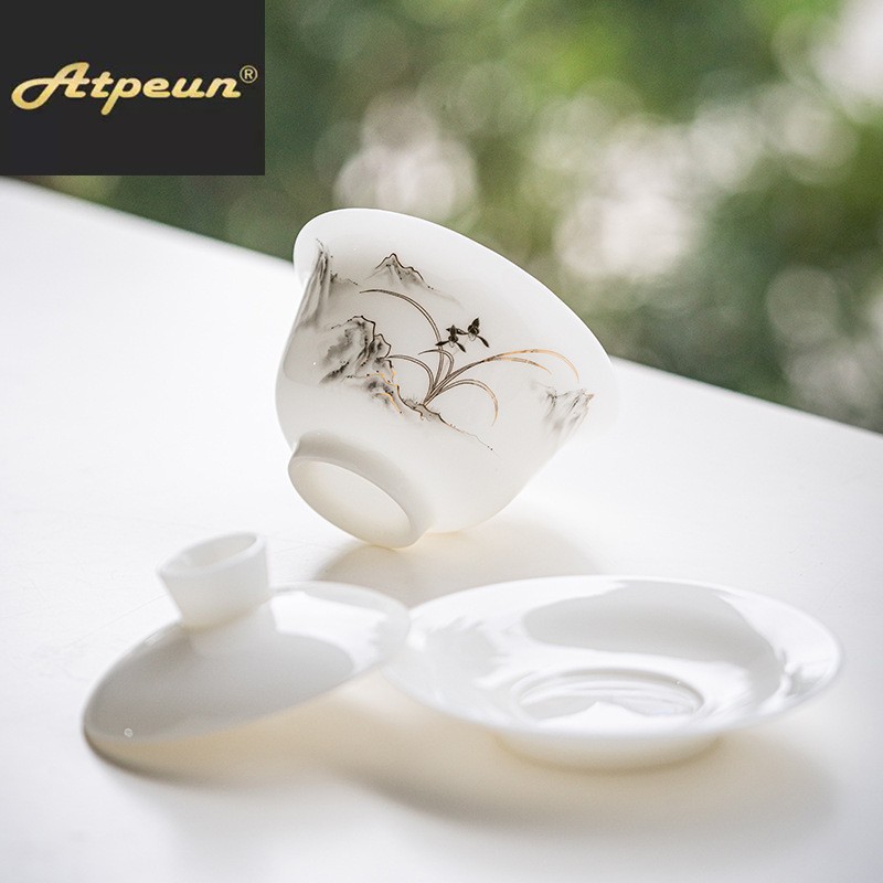 ATPEUN高档白瓷冰种玉薄胎三才盖碗陶瓷大号单个敬茶碗茶杯功夫茶