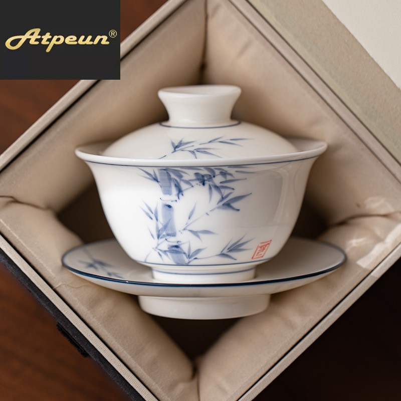 ATPEUN手绘鱼戏荷盖碗中式国风泡茶碗大容量不烫手单个碗杯泡茶器