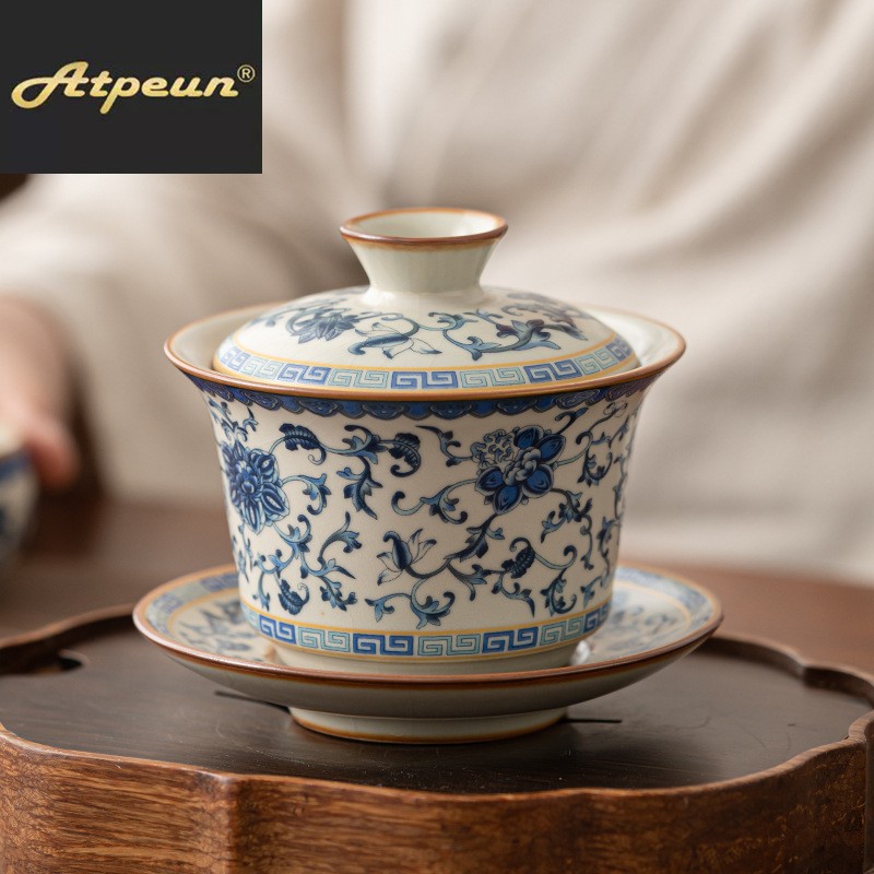 ATPEUN米黄汝窑缠枝莲三才盖碗家用大号泡茶碗功夫茶具茶碗杯单个