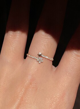 极细仿排钻五叶花五角星戒指小众