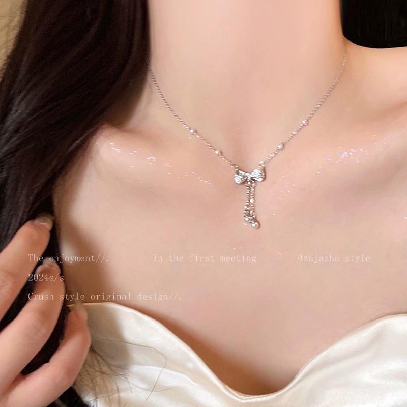 s925纯银流苏蝴蝶结珍珠项链女款