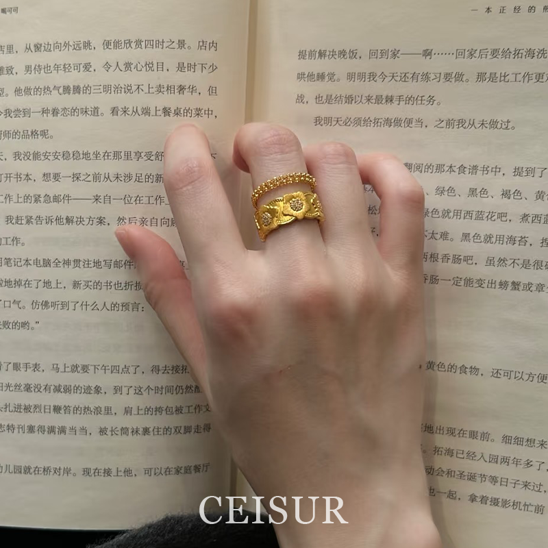S925纯银中古金拉丝花朵戒指法式