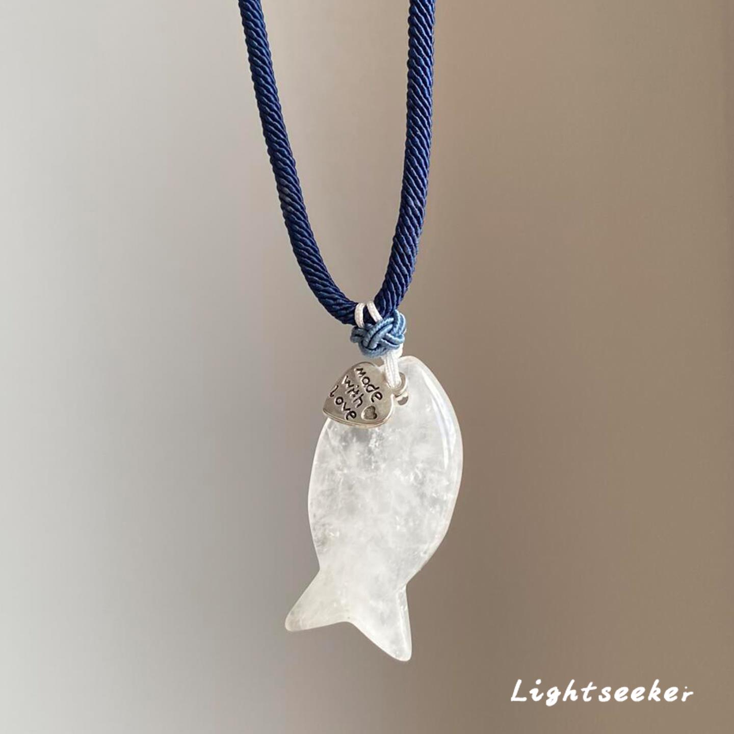 清冷感白水晶小鱼吊坠项链复古简约新中式手编绳小众高级感锁骨链