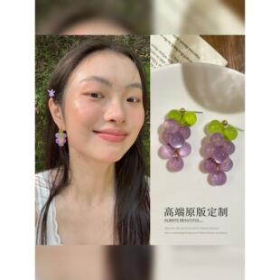 S925纯银针多巴胺彩色葡萄串耳环女感高级气质耳钉森系度假风耳饰