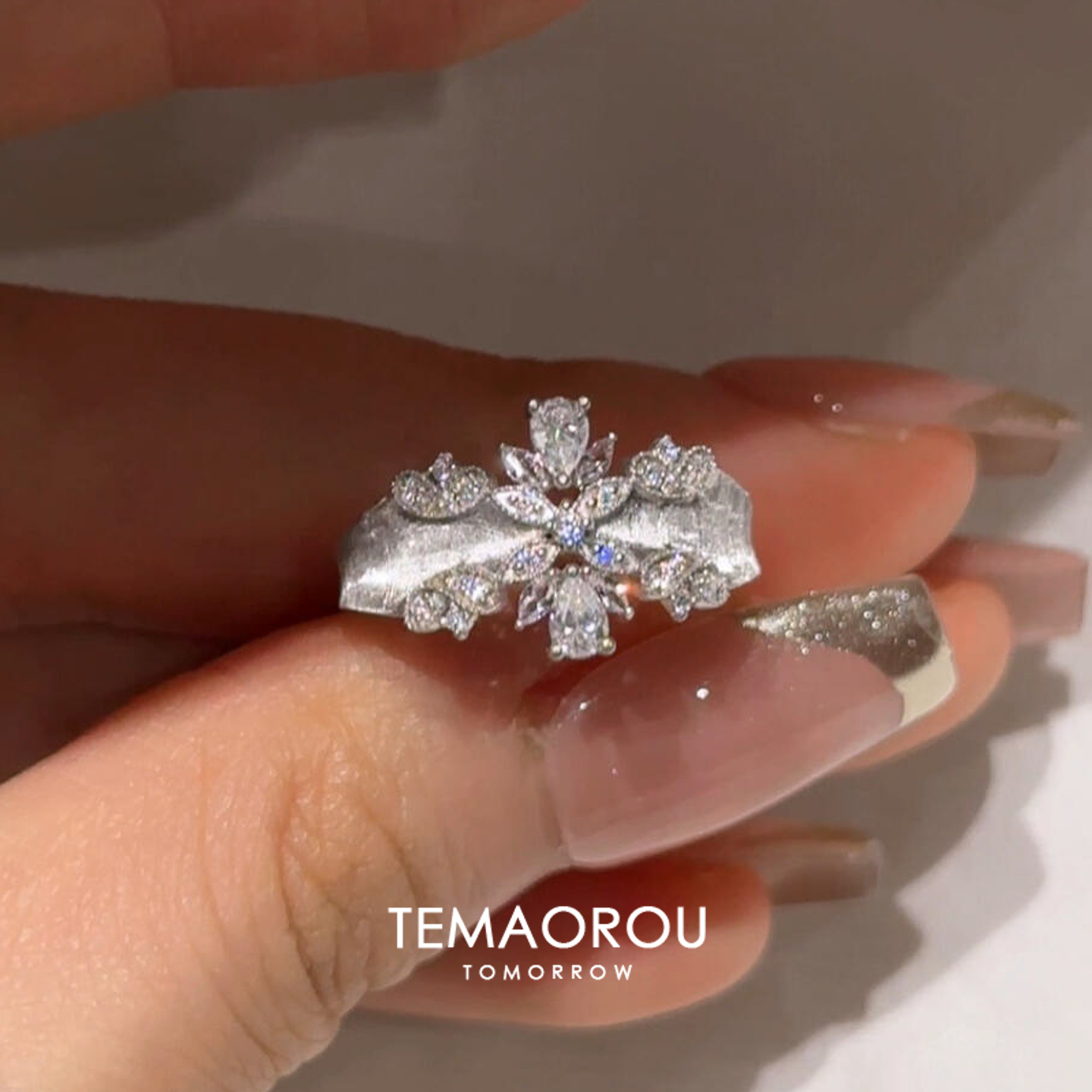 S925纯银拉丝爆闪戒指女花朵指环