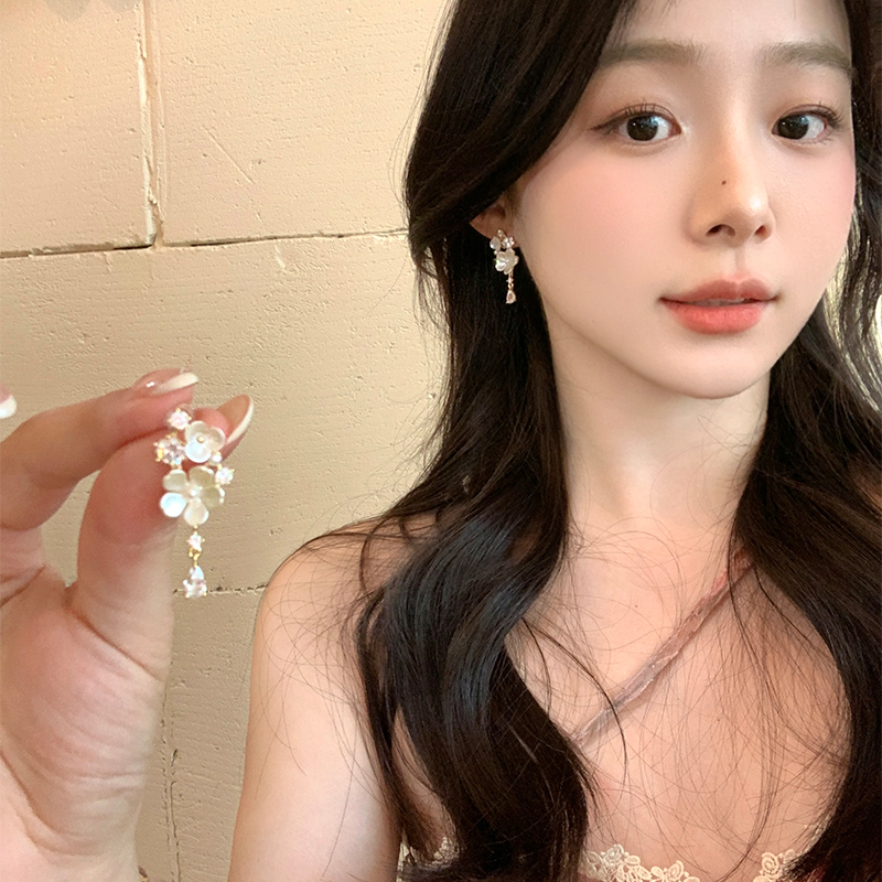 s925纯银花朵流苏耳环女法式锆石
