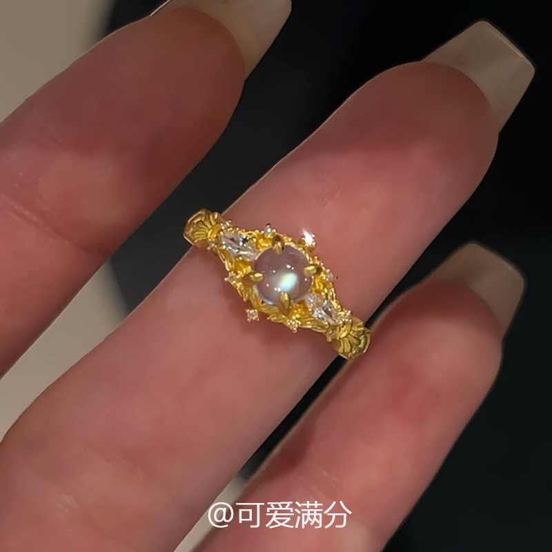 S925银冰透月光石金色戒指宫廷风