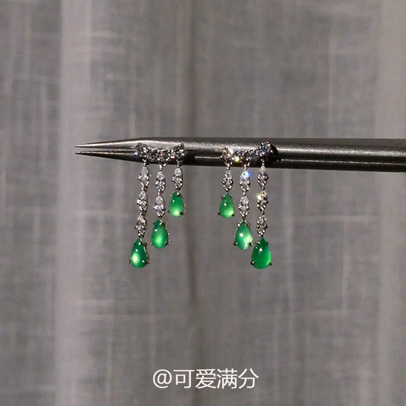S925纯银绿玉髓水滴流苏耳钉高级