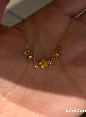 S925纯银金色镂空花朵项链女锆石