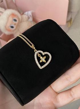 S925纯银闪钻爱心拉丝四叶花项链