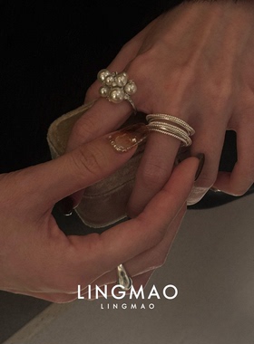 银色不规则线条仿珍珠戒指高级感