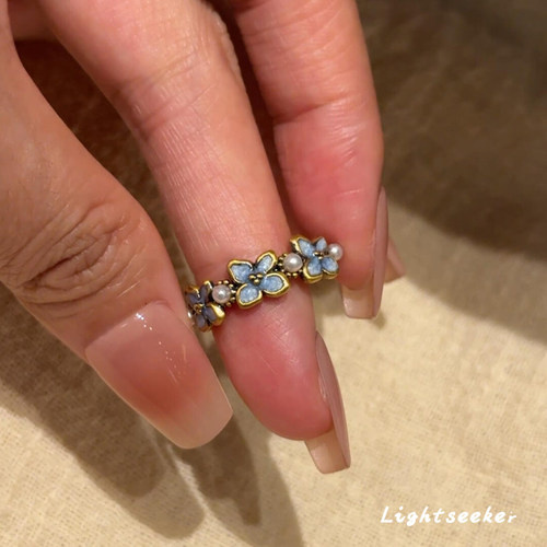 S925纯银中式蓝滴釉花朵珍珠戒指