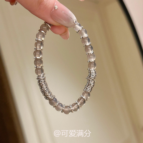 冰透灰仿玛瑙银色锤纹盘缠手串女
