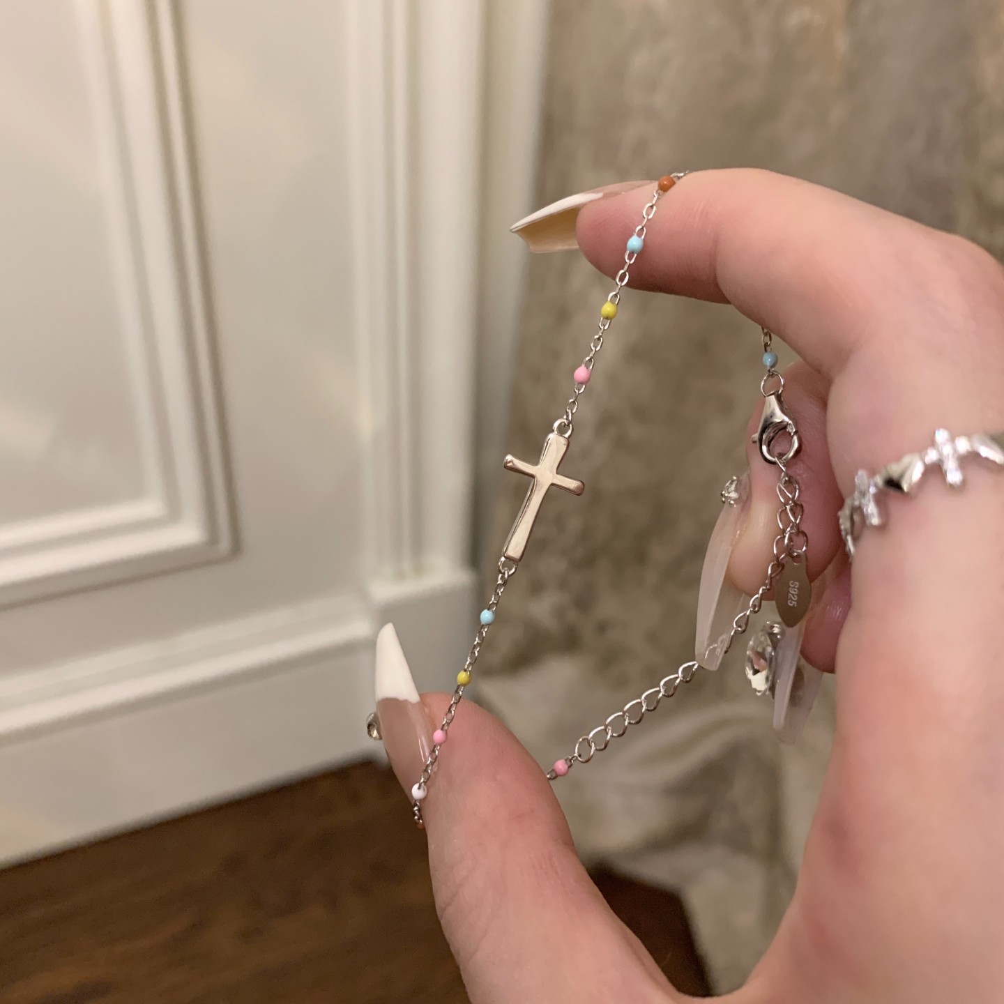 S925纯银韩系彩虹糖十字架手链女