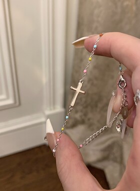S925纯银韩系彩虹糖十字架手链女